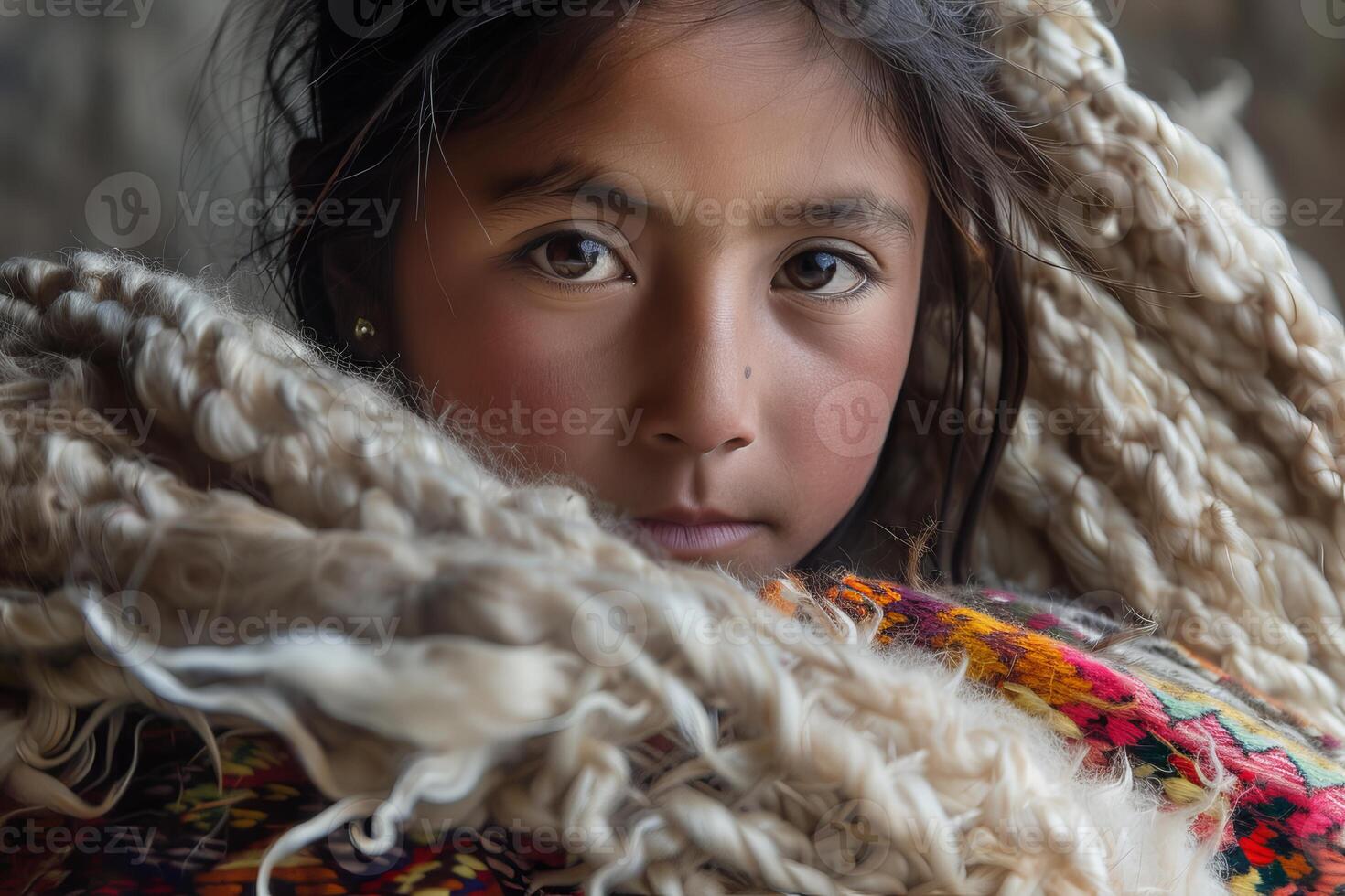 Indigenous girl holding alpaca wool in the andes mountains photo