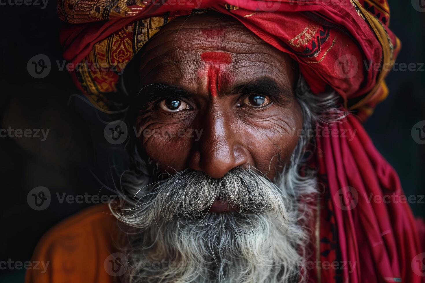Indian sadhu wearing red turban and showing wisdom in his eyes photo