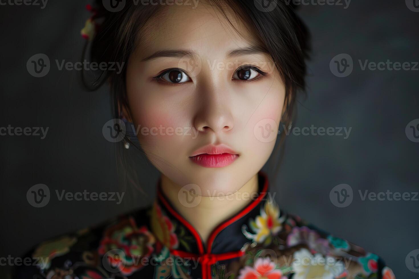 Young chinese woman wearing traditional qipao dress posing in studio photo