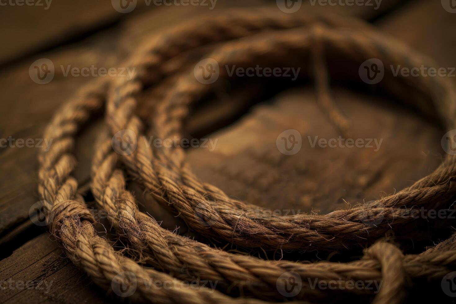 Strong hemp rope coiled on rustic wooden surface photo