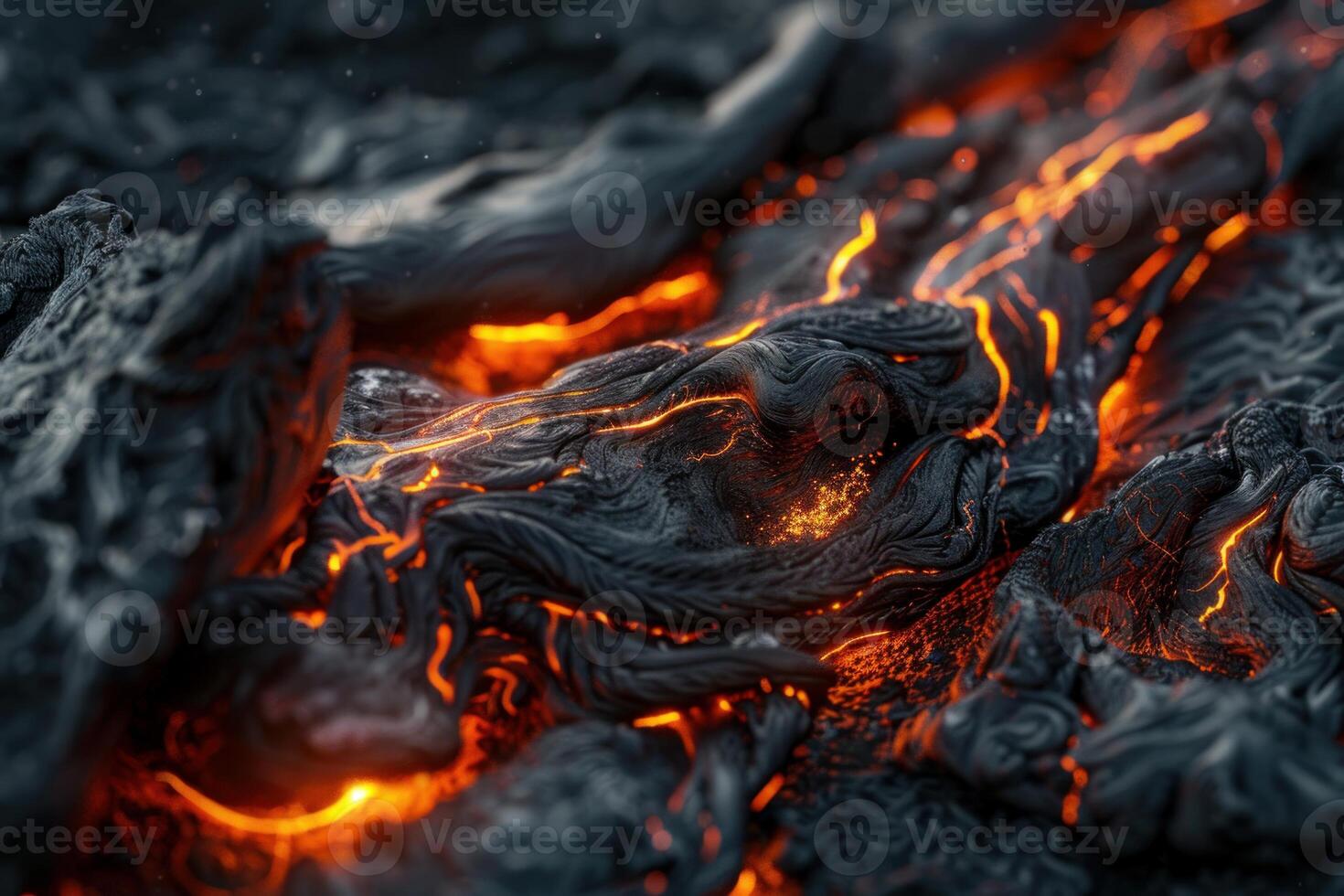 Flowing lava creating a glowing river of molten rock photo