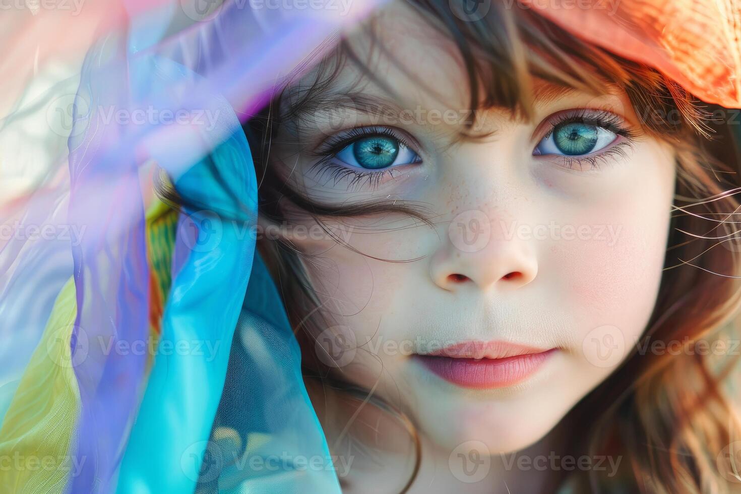 Portrait of adorable little girl playing with colorful scarves outdoors photo