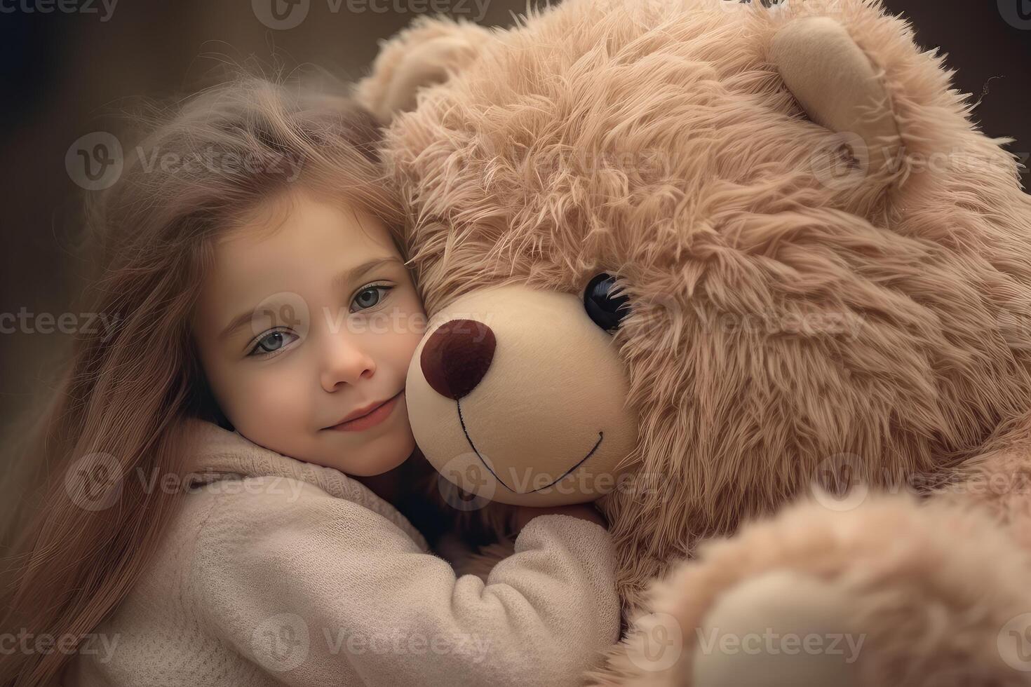 Little girl hugging a big teddy bear with love and tenderness photo