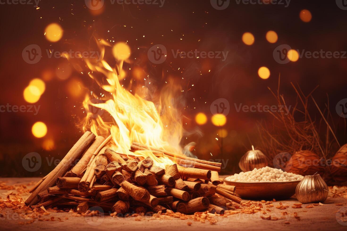 Lohri fire burning brightly with festive offerings and bokeh lights photo