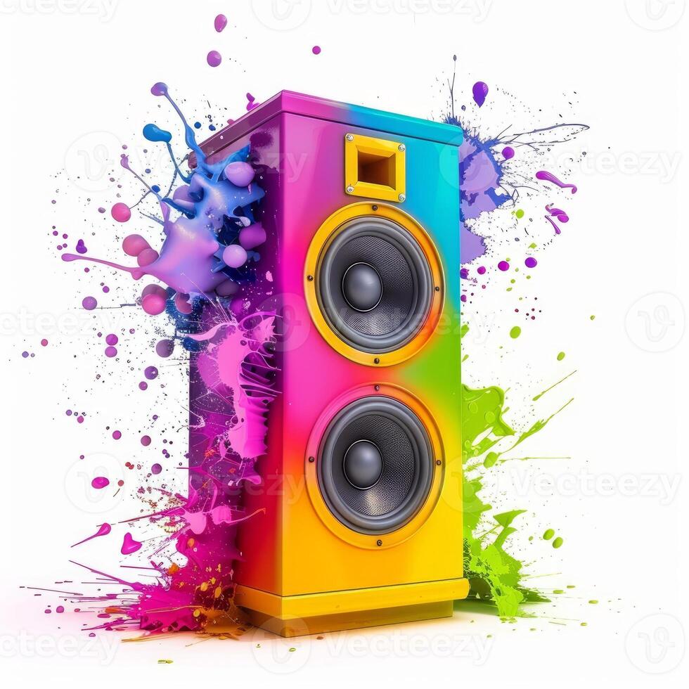 Colorful music speaker emitting vibrant paint splashes on white background photo