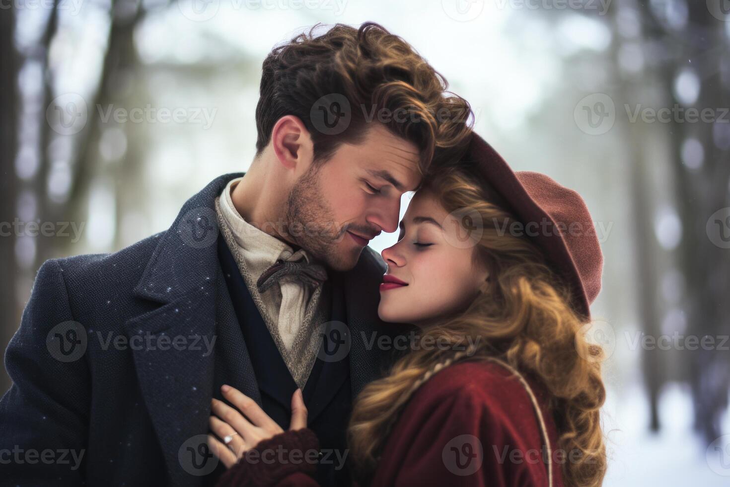 Elegant couple sharing intimate moment in snowy woods photo