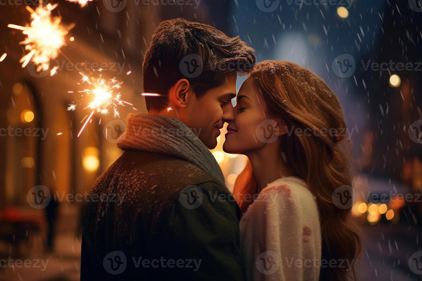 Romantic couple kissing under snowfall with sparklers on new year's eve photo