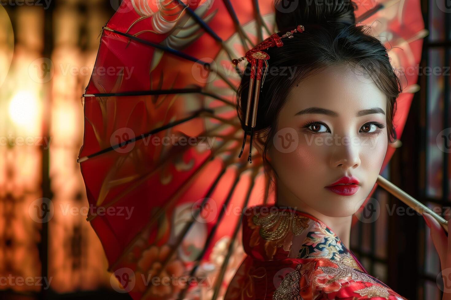Asian model wearing traditional kimono holding red paper umbrella photo