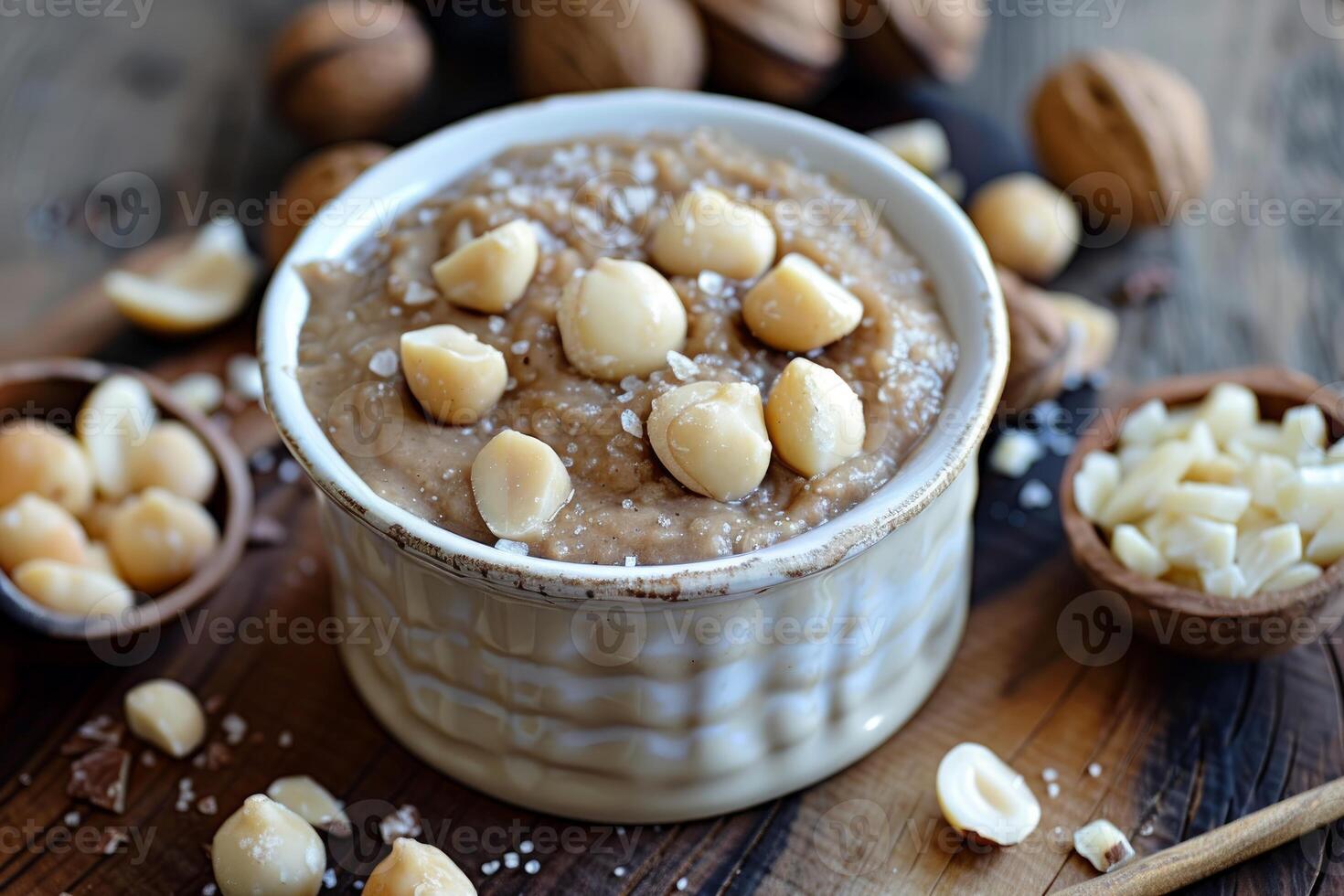 Macadamia butter decorated with macadamia nuts and sea salt in a bowl photo