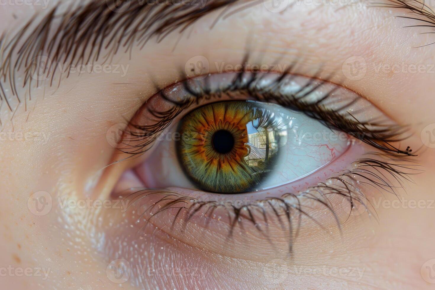 Close up of hazel eye reflecting window light, eyelashes and eyebrow details photo