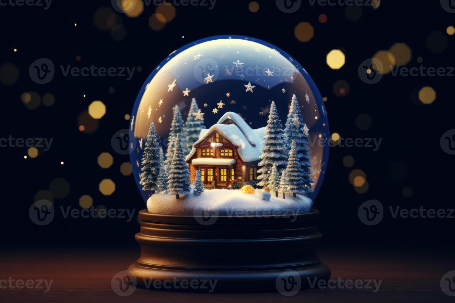Christmas snow globe featuring cozy illuminated house and snowy fir trees photo