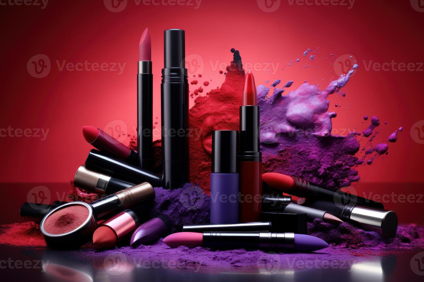 Lipsticks, brushes and eyeshadow creating colorful makeup composition photo