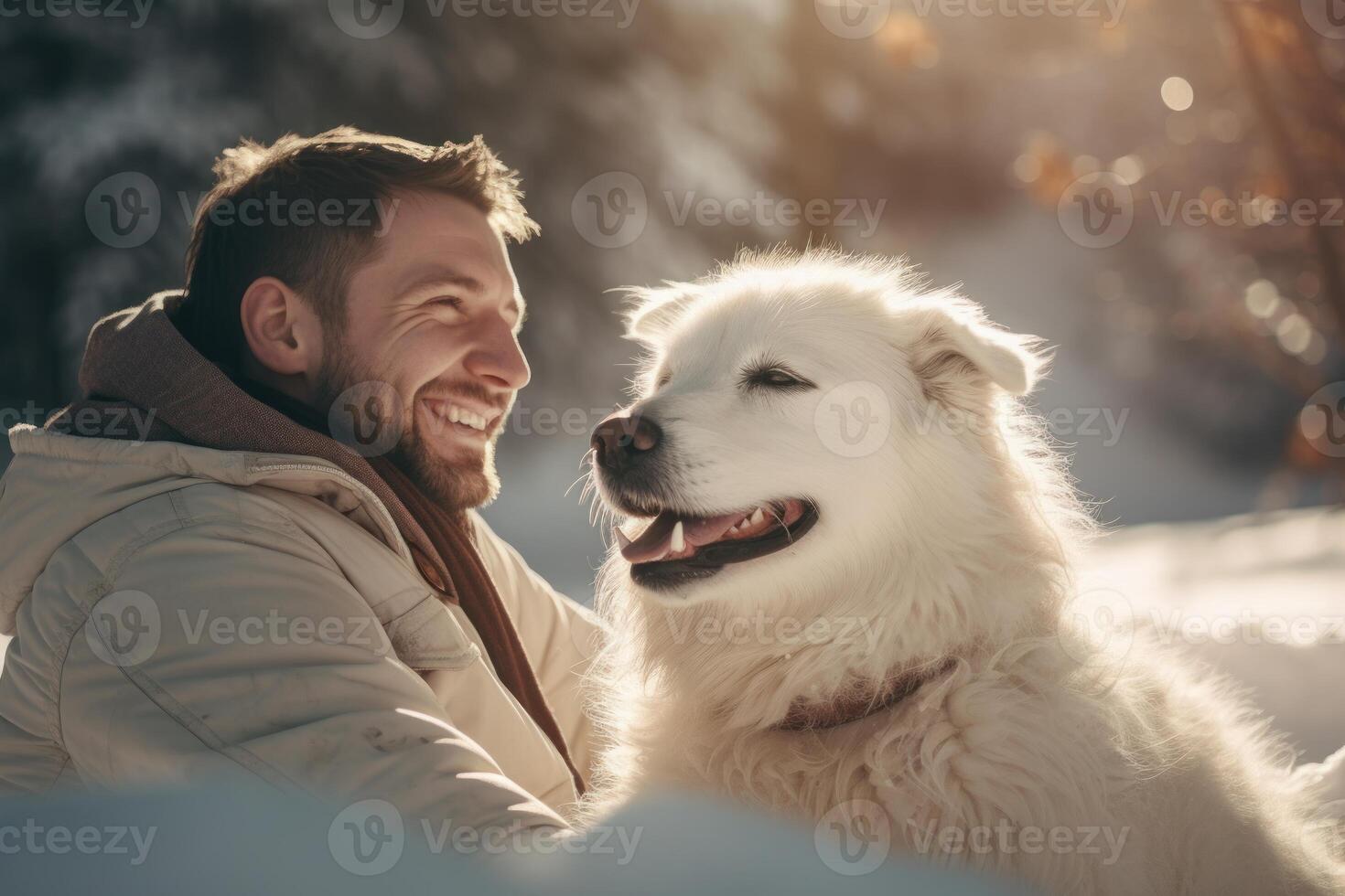 Man smiling and having fun with his dog in the snow during winter photo