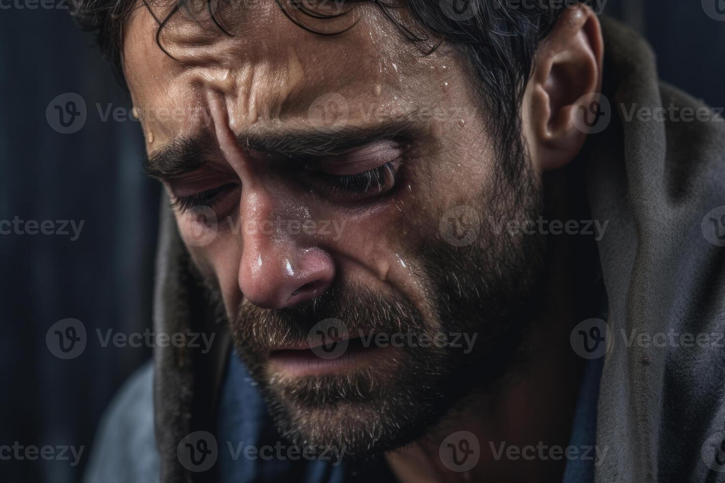 Close up of crying man expressing deep sadness and despair photo