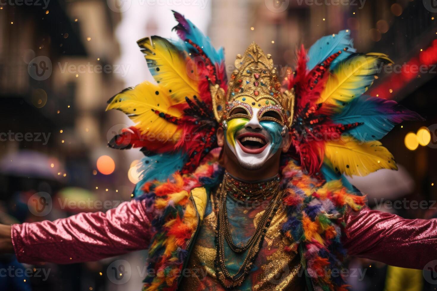 Smiling street performer wearing colorful costume and mask during carnival celebration photo