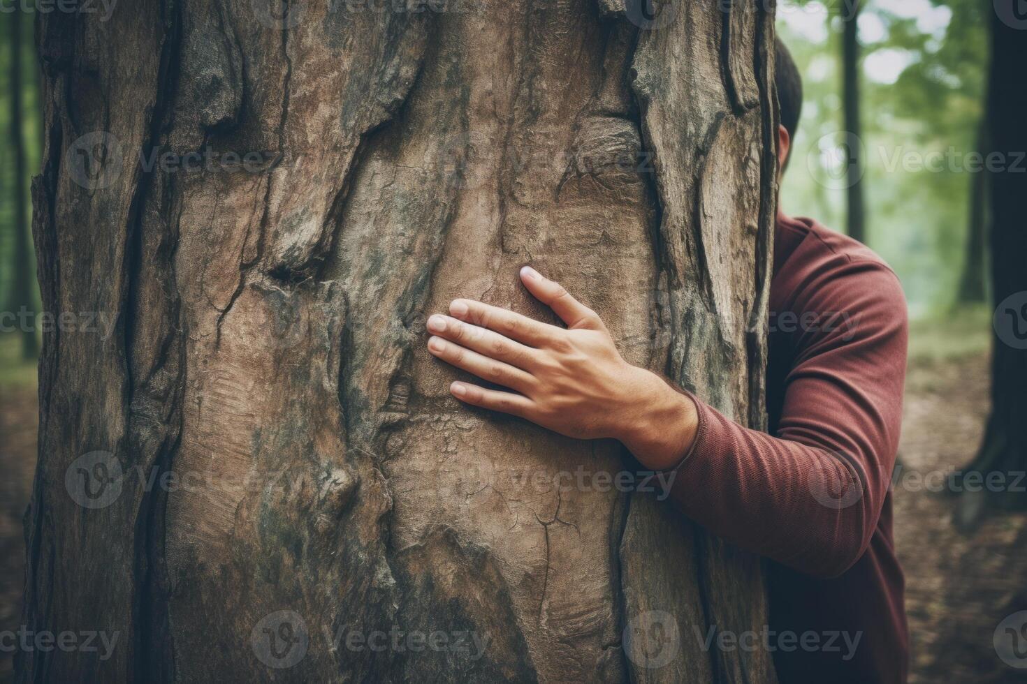 Man is hugging big old tree in beautiful forest expressing love for nature photo