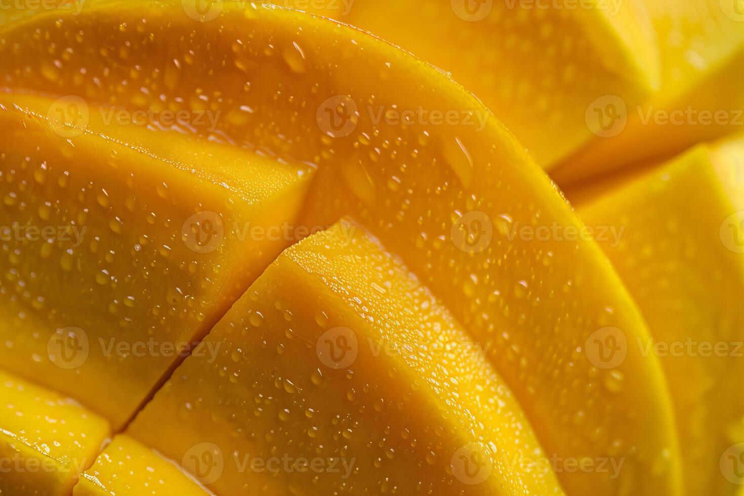 Sliced mango fruit displaying vibrant yellow pulp covered with water droplets photo