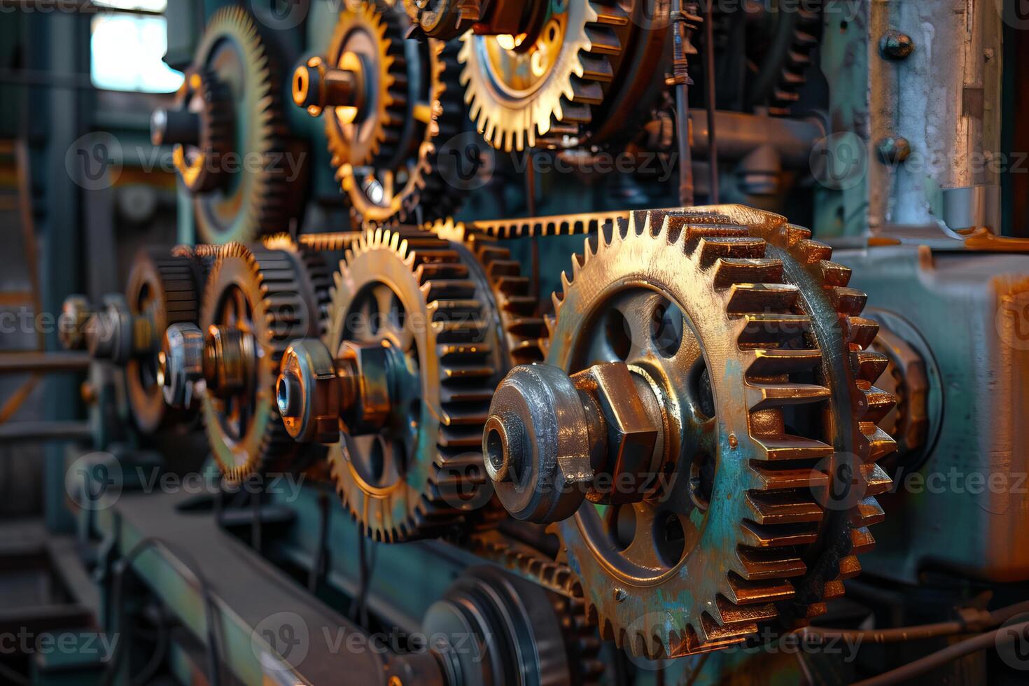 Close up view of interlocking gears rotating in industrial machinery photo
