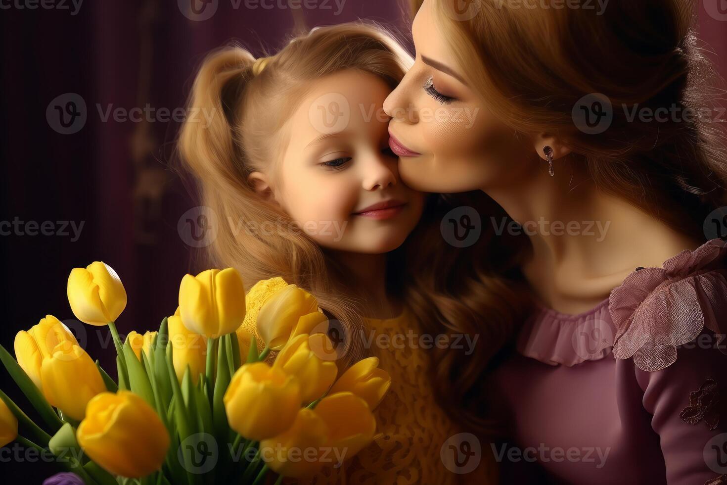 Mother kissing daughter holding yellow tulips celebrating mother's day photo