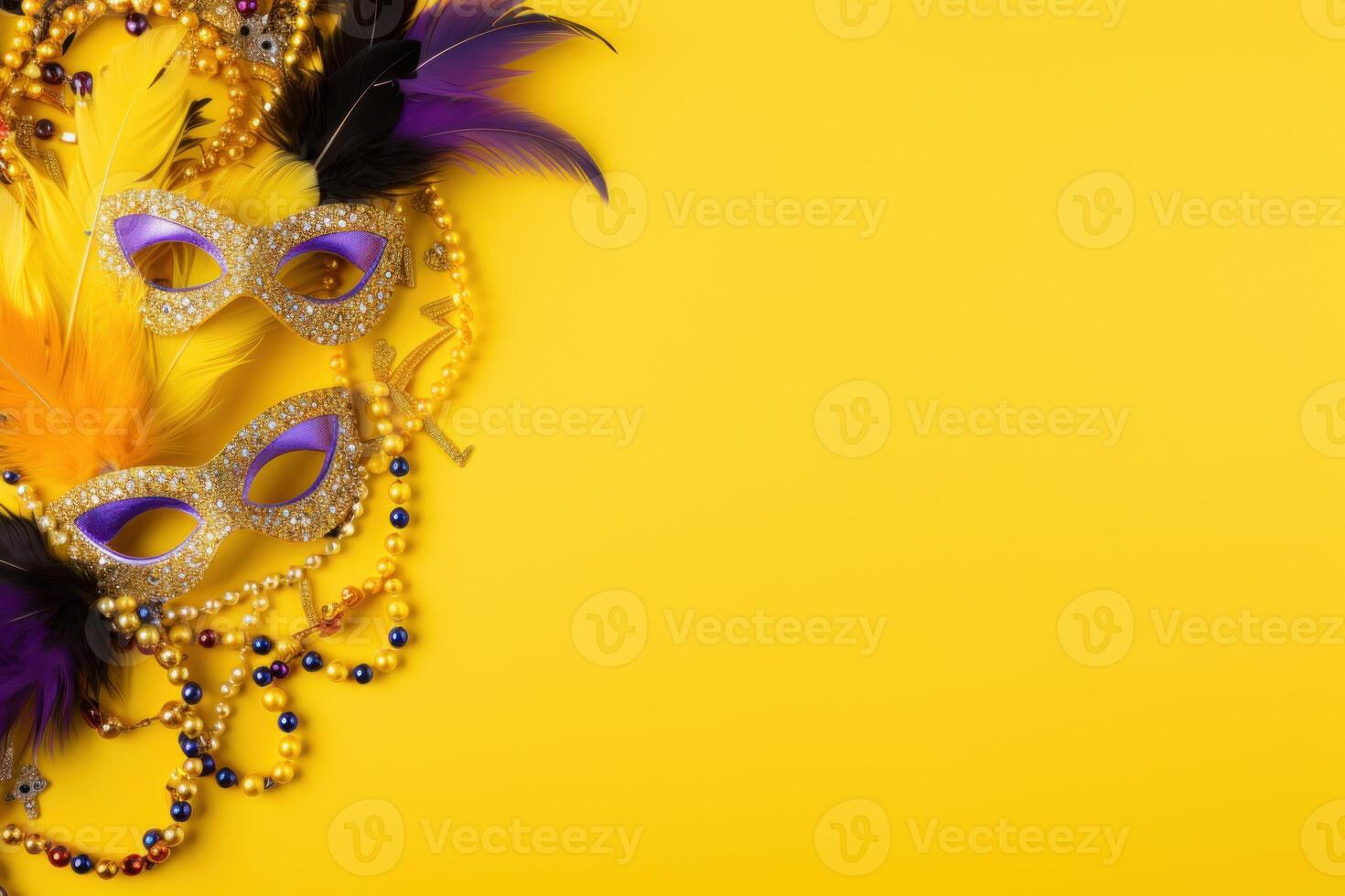 Carnival masks and beads on vibrant yellow background with copy space photo