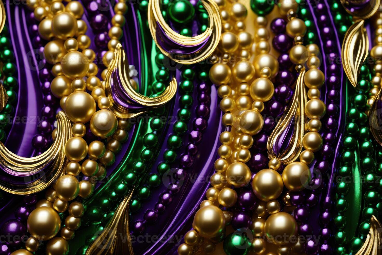 Mardi gras beads forming colorful swirls and festive patterns photo