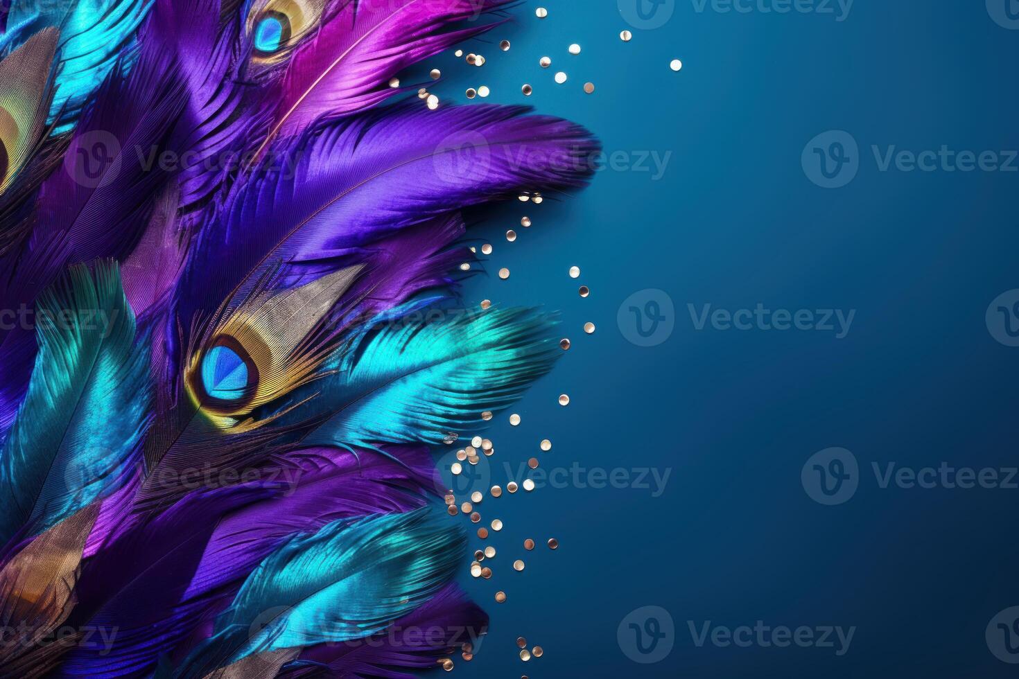 Carnival peacock feathers and glitter creating vibrant party background photo