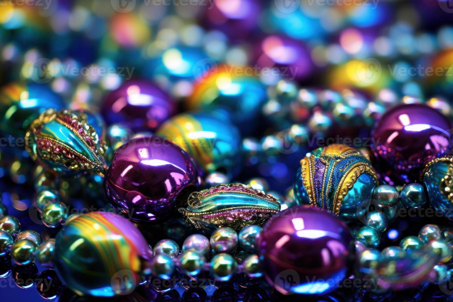 Colorful mardi gras beads reflecting on glass surface photo