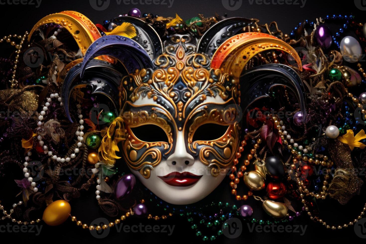 Jester mask with colorful mardi gras beads and festive decorations photo