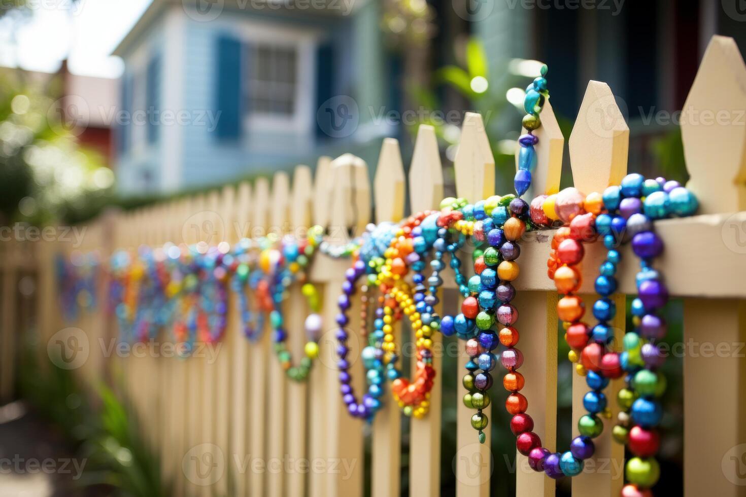 Colorful mardi gras beads hanging on a white picket fence in new orleans photo