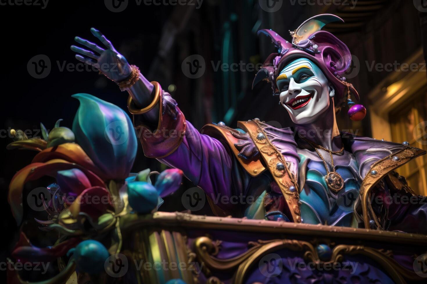 Mardi gras jester waving on a float during night parade photo
