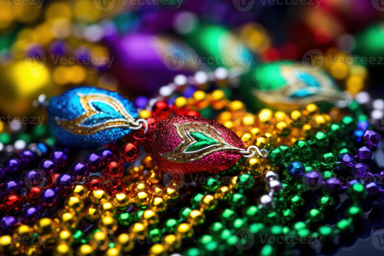 Colorful mardi gras beads celebrating festive carnival tradition photo