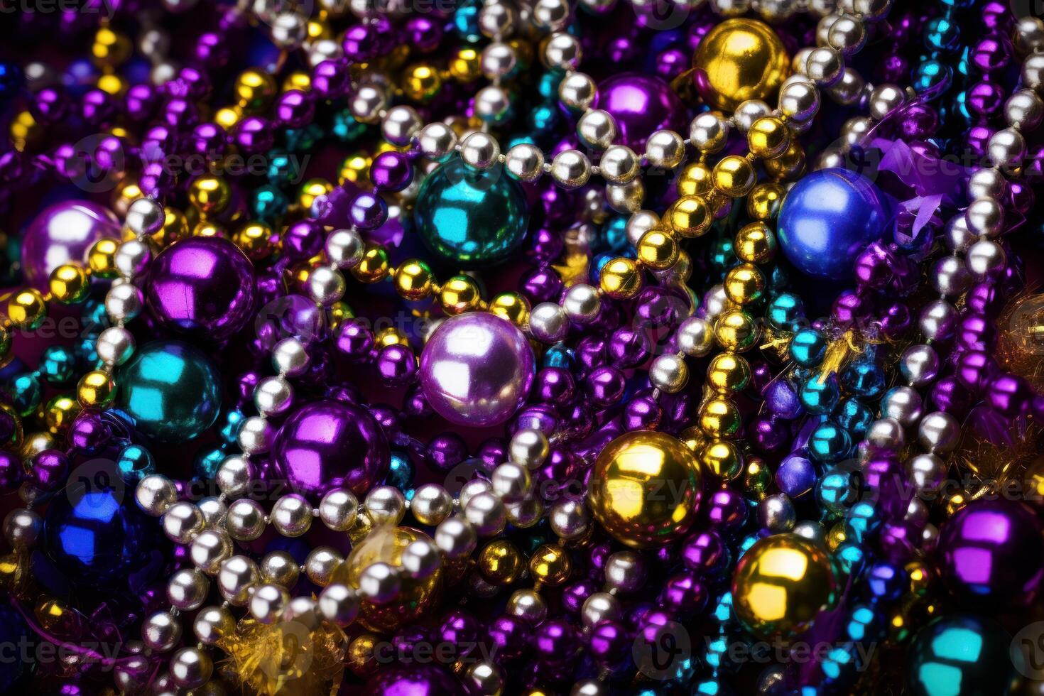 Colorful mardi gras beads filling the frame, celebrating carnival photo