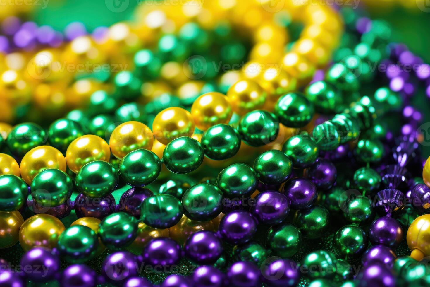 Mardi gras beads glimmering in green, gold, and purple on sparkling background photo