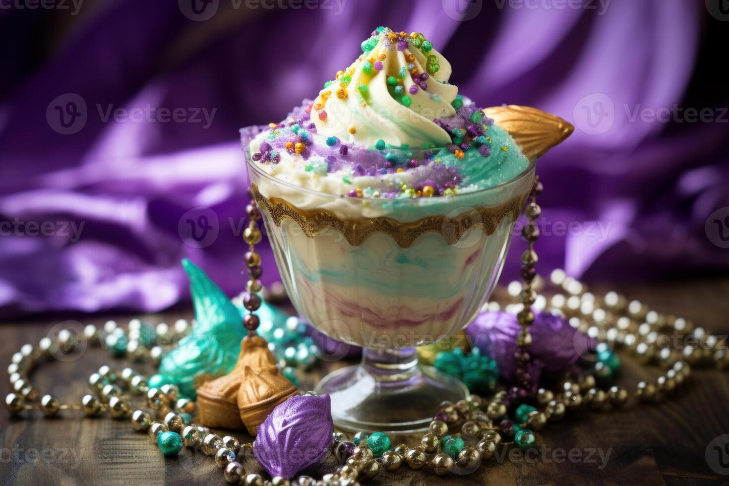 Mermaid ice cream sundae decorated with colorful sprinkles and gold chocolate tail photo