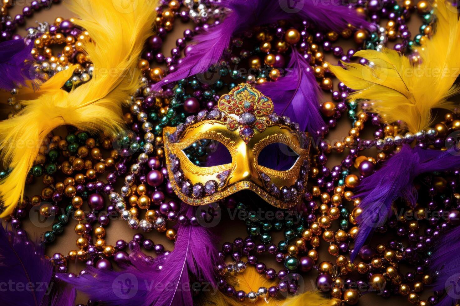 Golden mardi gras mask lying on colorful beads and feathers photo