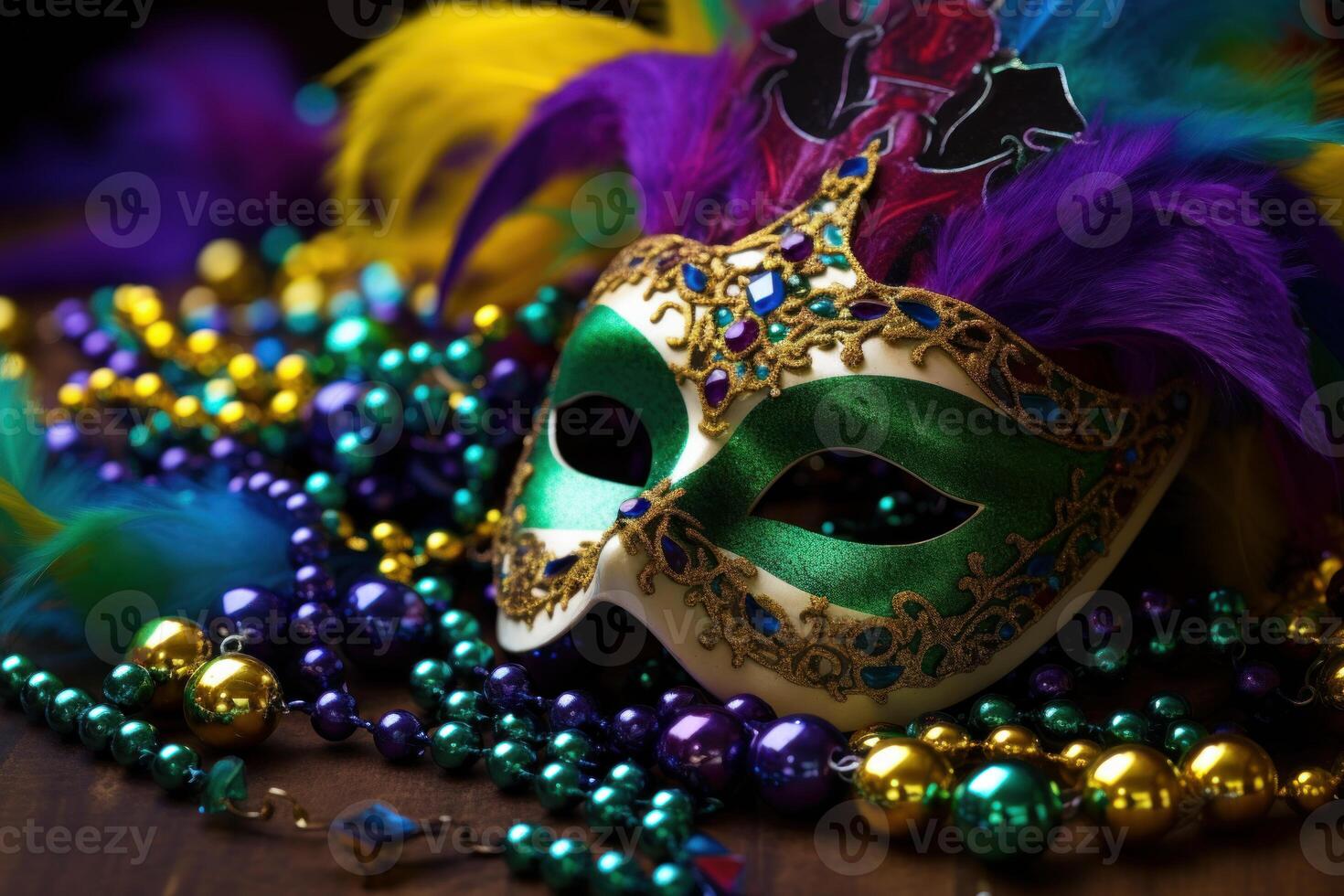 Mardi gras mask and beads resting on a tabletop photo