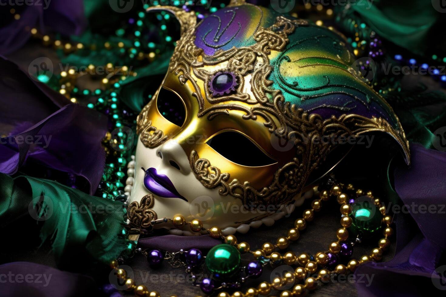Mardi gras mask resting on colorful beads and fabric photo