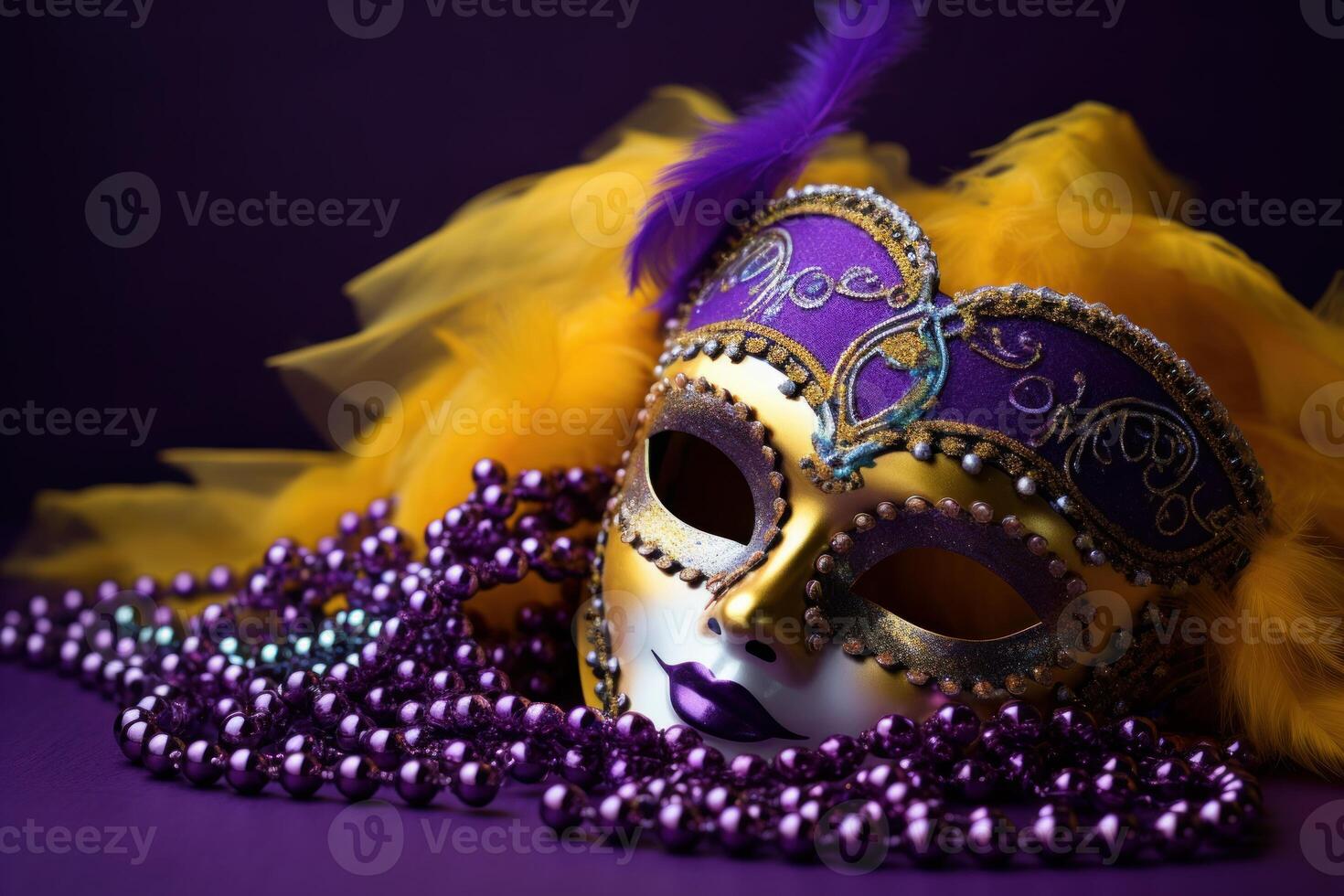 Mardi gras mask with feathers and purple beads resting on purple background photo