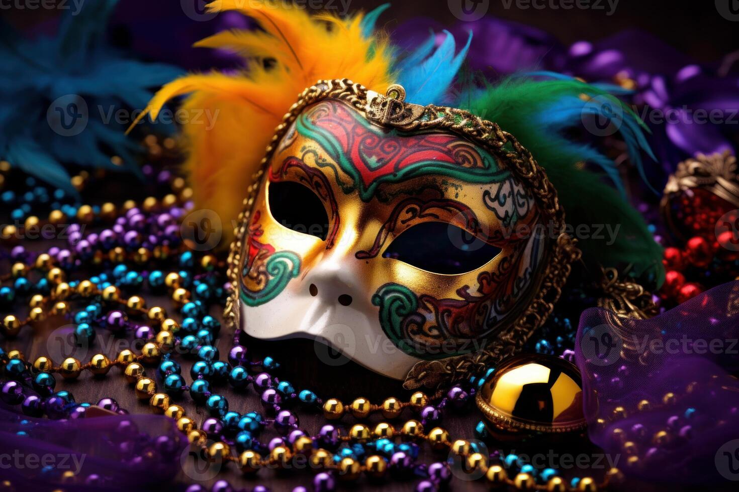 Mardi gras mask with colorful feathers and beads celebrating carnival photo