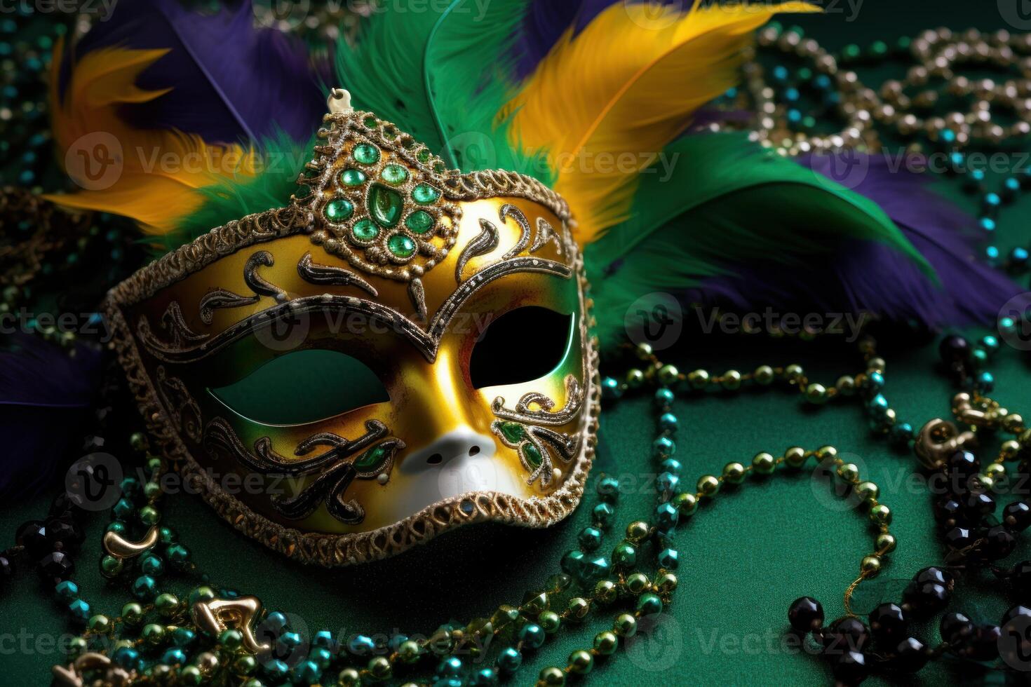 Mardi gras mask with feathers and beads on green background photo