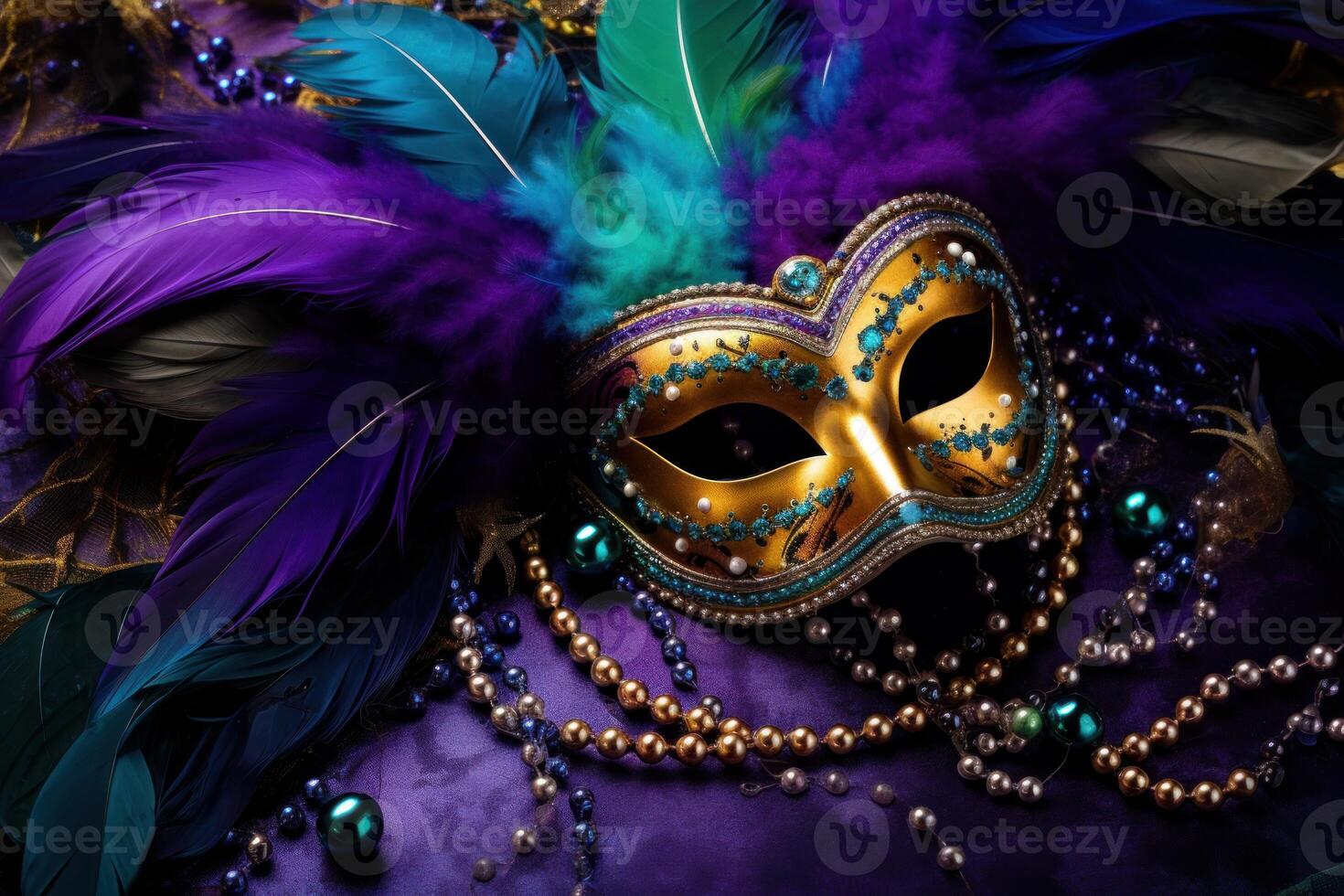 Golden mardi gras mask with colorful feathers and beads on purple background photo