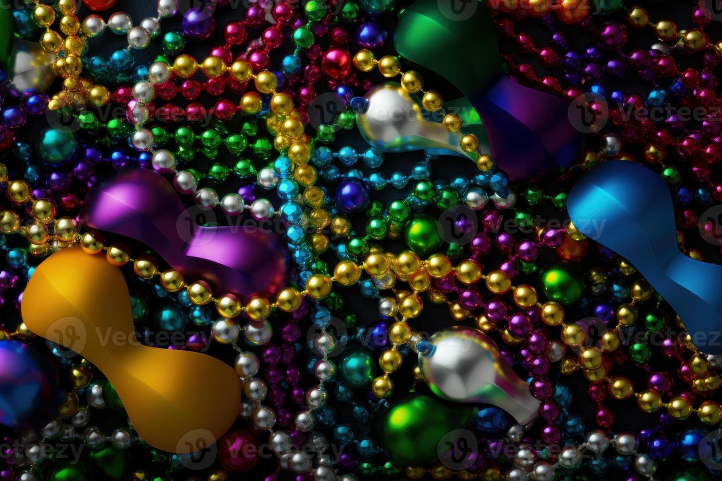 Colorful mardi gras beads and metallic decorations creating festive background photo