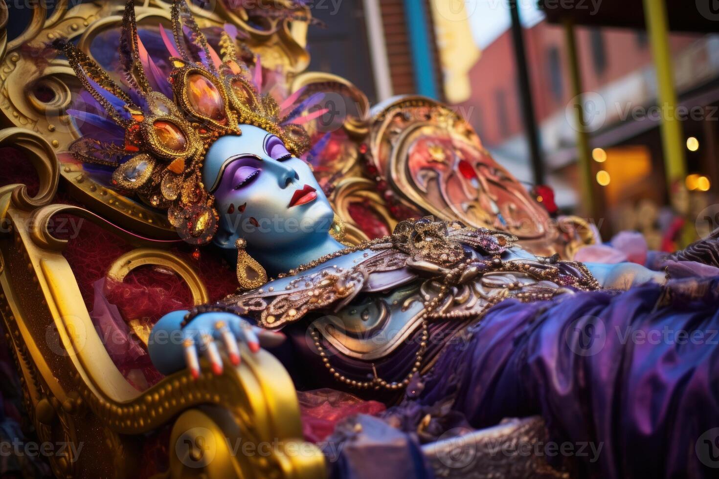 Majestic carnival queen relaxing on golden throne during mardi gras parade photo