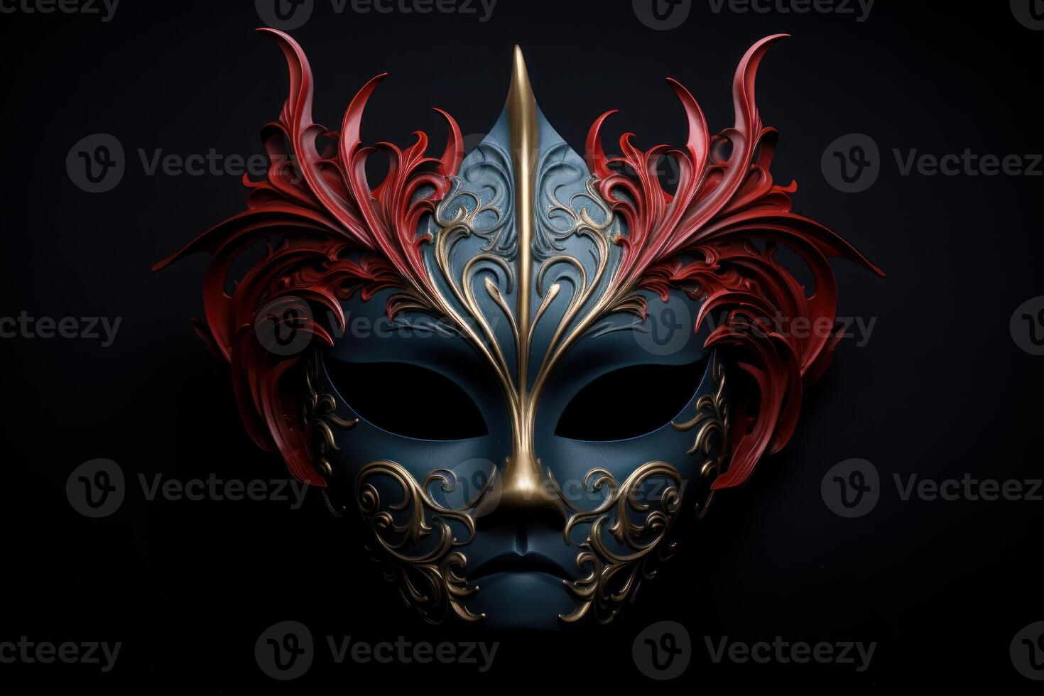 Elegant venetian mask with red feathers and golden ornaments on dark background photo