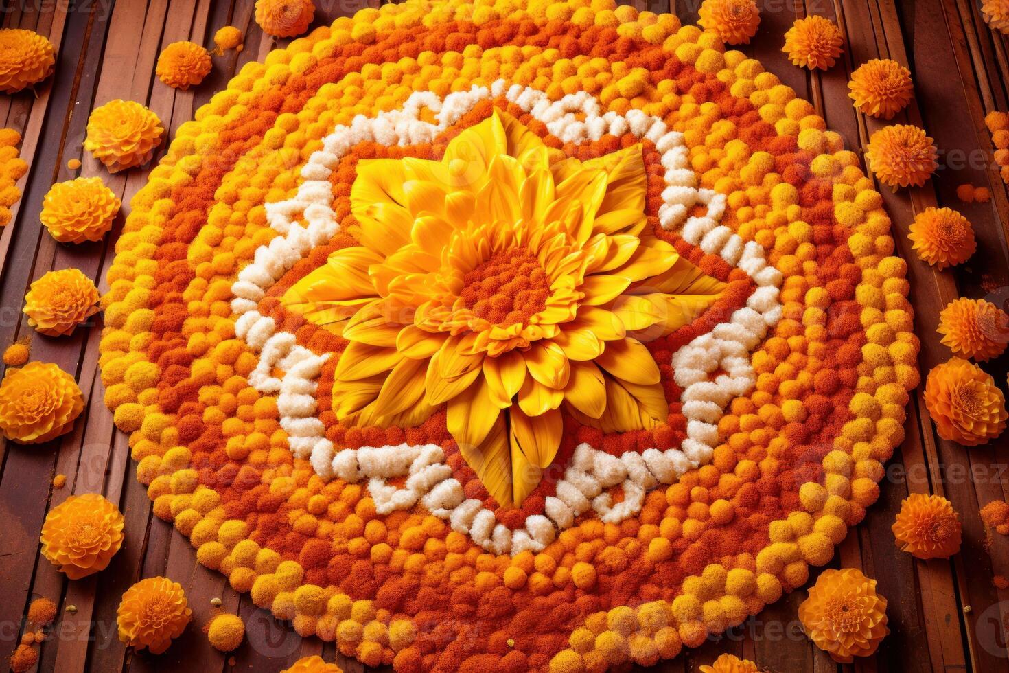 Marigold flower rangoli design for diwali or onam festival celebration photo