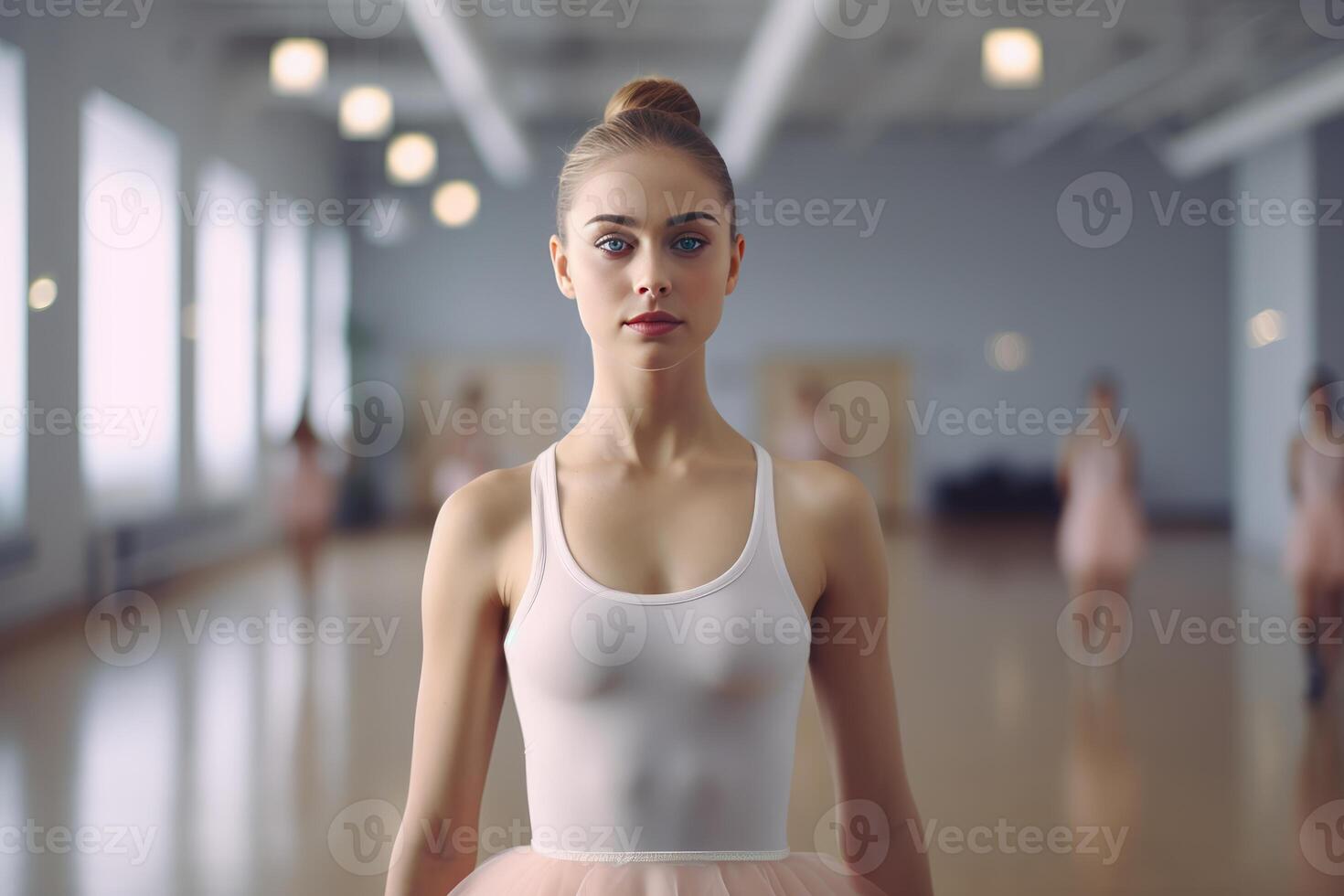 Ballerina posing in dance studio with other dancers on background photo