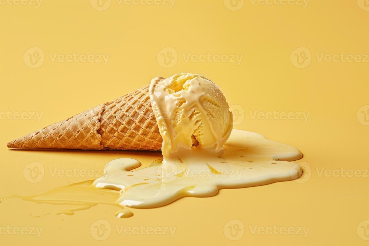 Vanilla ice cream cone melting on yellow background photo