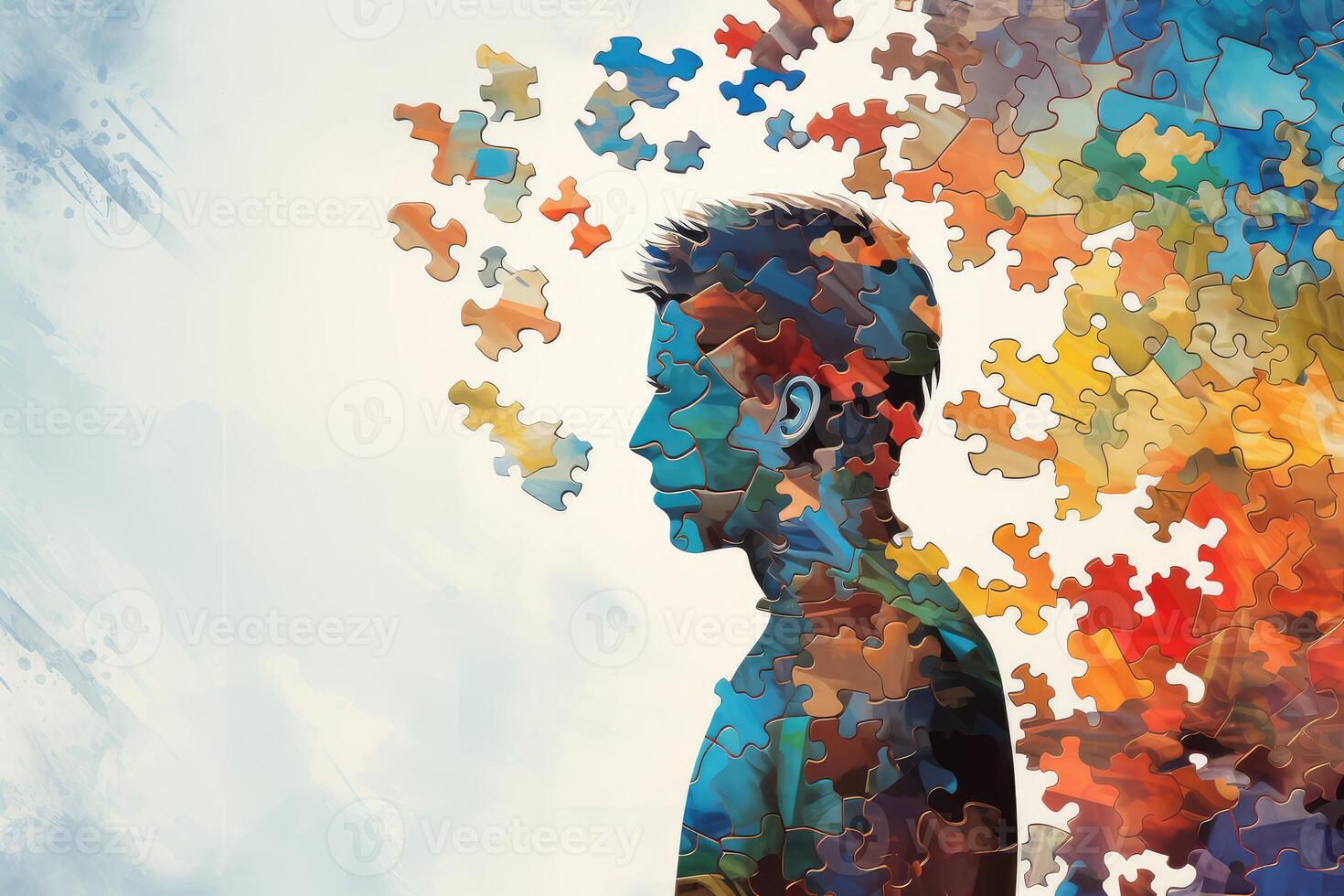 Man silhouette dissolving into colorful puzzle pieces representing mental health and individuality photo
