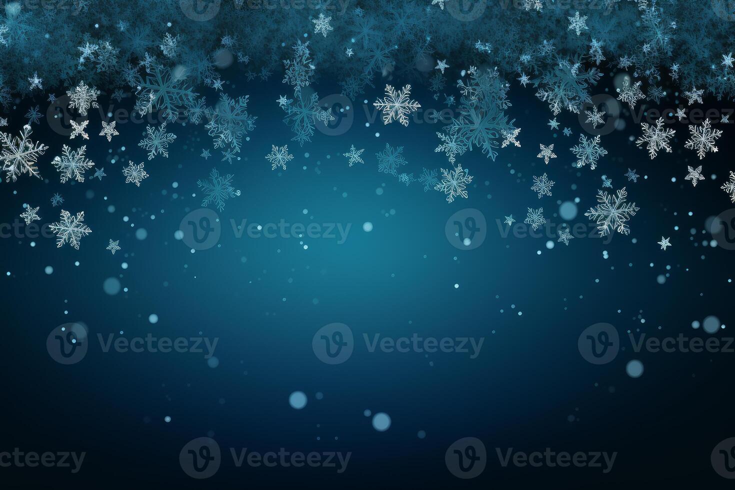 Snowflakes falling on dark blue background, winter wonderland scene photo