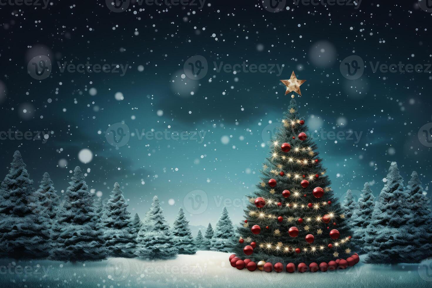 Decorated christmas tree with red baubles and star is illuminating snowy forest at night photo